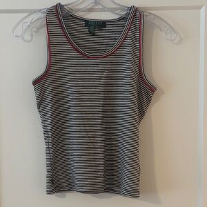 Lauren Ralph Lauren Black and White Striped Tank with Red Trim